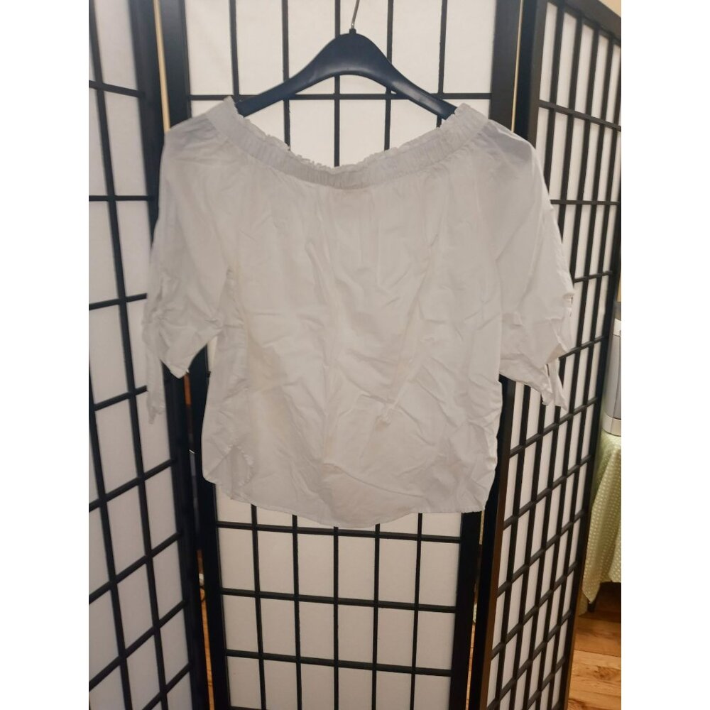 L.O.G.G. Off Shoulder Top White Size 6 Tie Short Sleeve Stretch Pullover Blouse